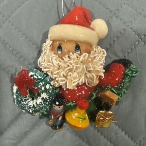 Vintage Dough Clay Santa With Drum Wreath Hanging Christmas Ornament 4"